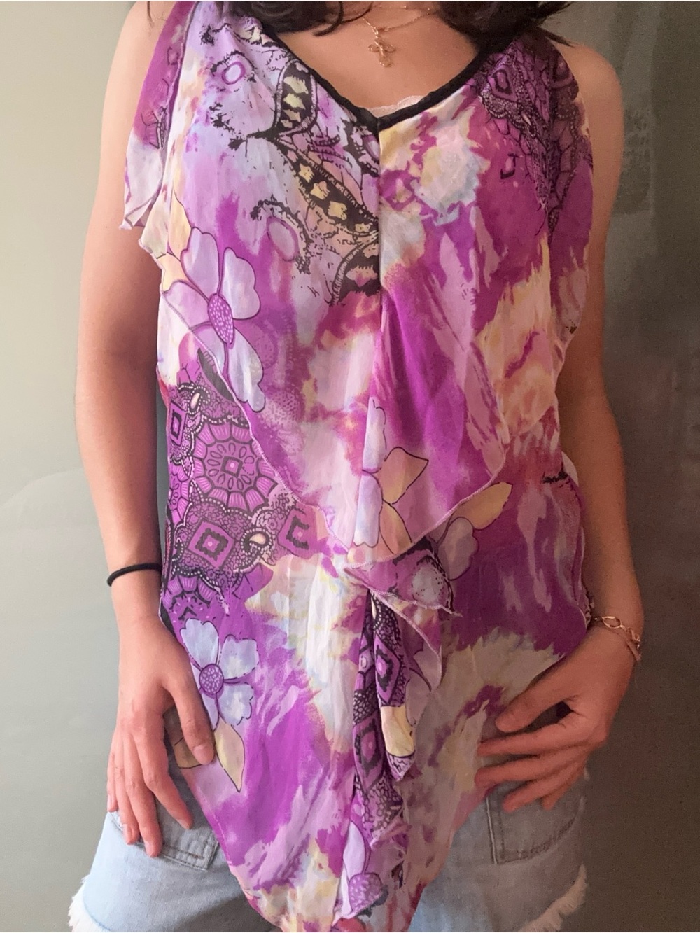 Boho Purple Floral Layered Chiffon Blouse